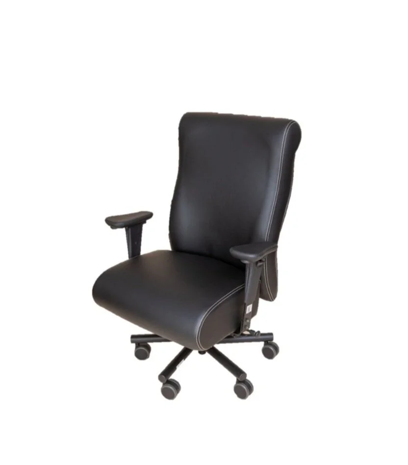 Black ergonomic office chair with armrests on casters.