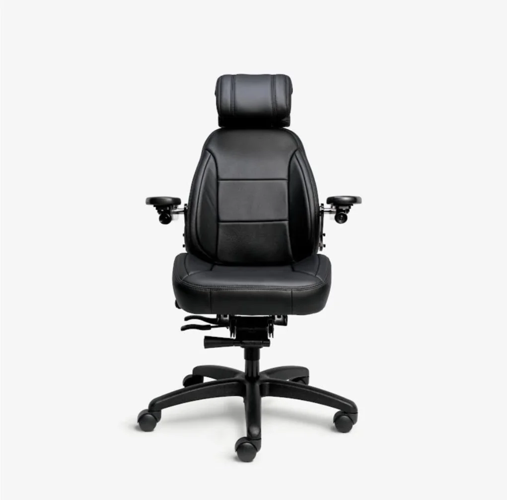 Black ergonomic office chair with adjustable armrests and headrest, on a white background.