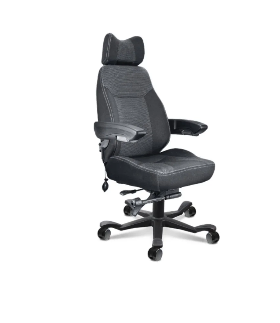 Black ergonomic office chair with adjustable headrest, padded armrests, and five caster wheels.