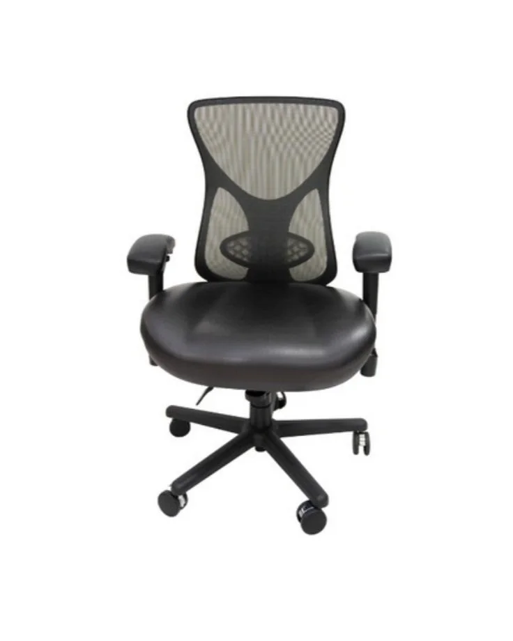 Black ergonomic office chair with adjustable armrests, mesh backrest, and rolling wheels.