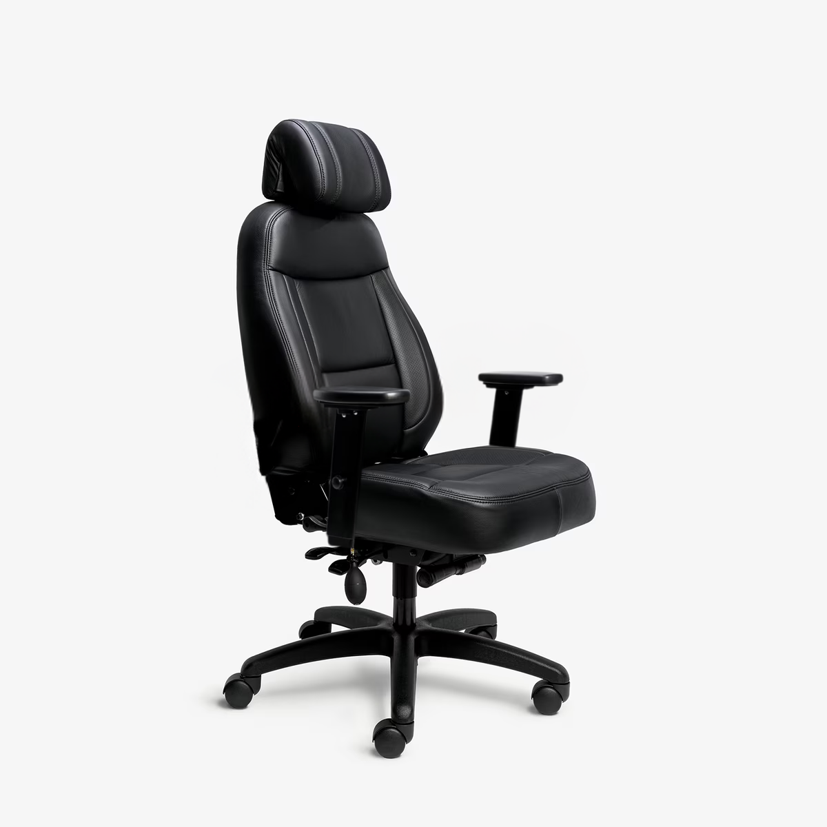 Black leather office chair with adjustable armrests and a headrest, set against a plain white background.