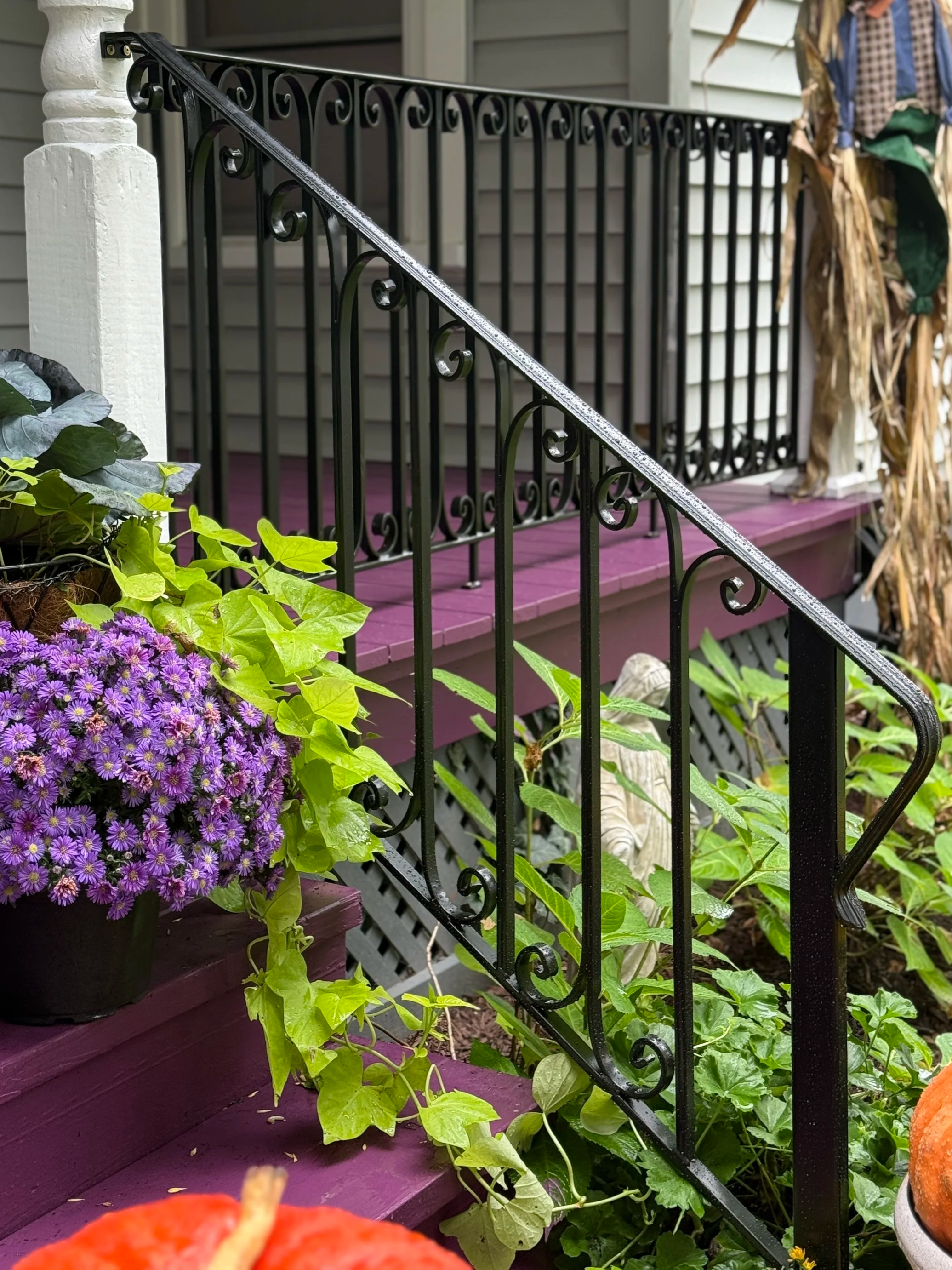 Decorative steel railing panel with hand-formed scroll details