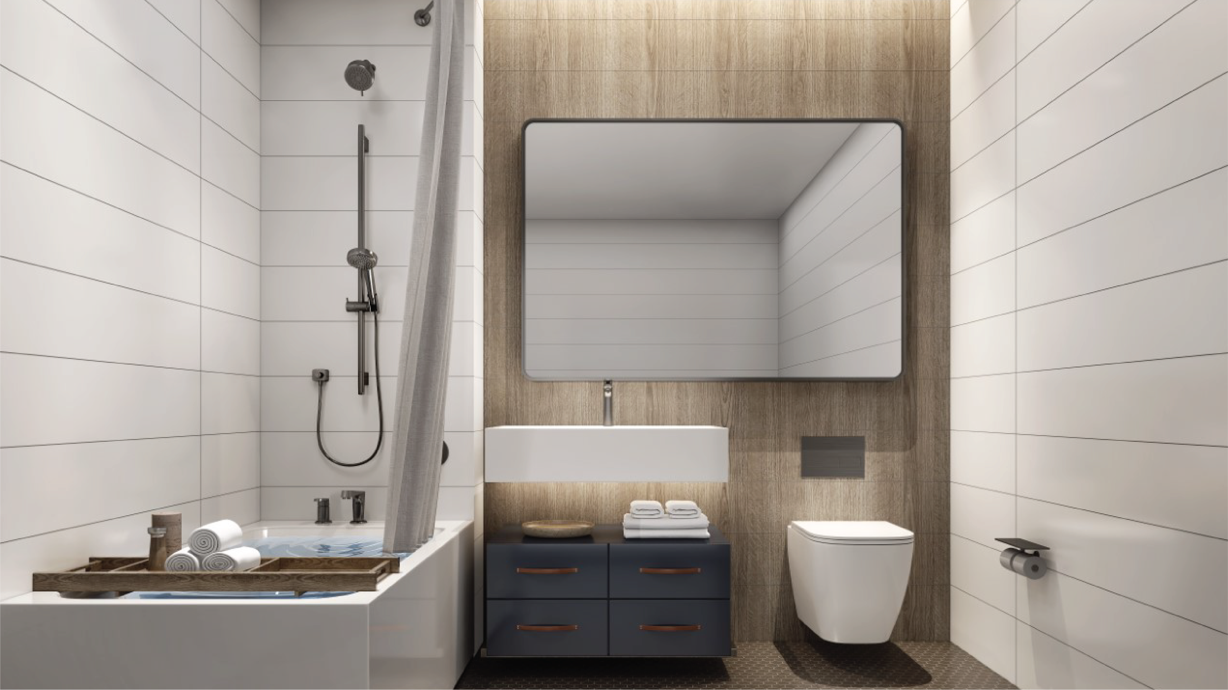 Luxury Harlem apartment bathroom at The Forten, featuring soaking tub, glass shower, and modern finishes – steps from Columbia University campus.
