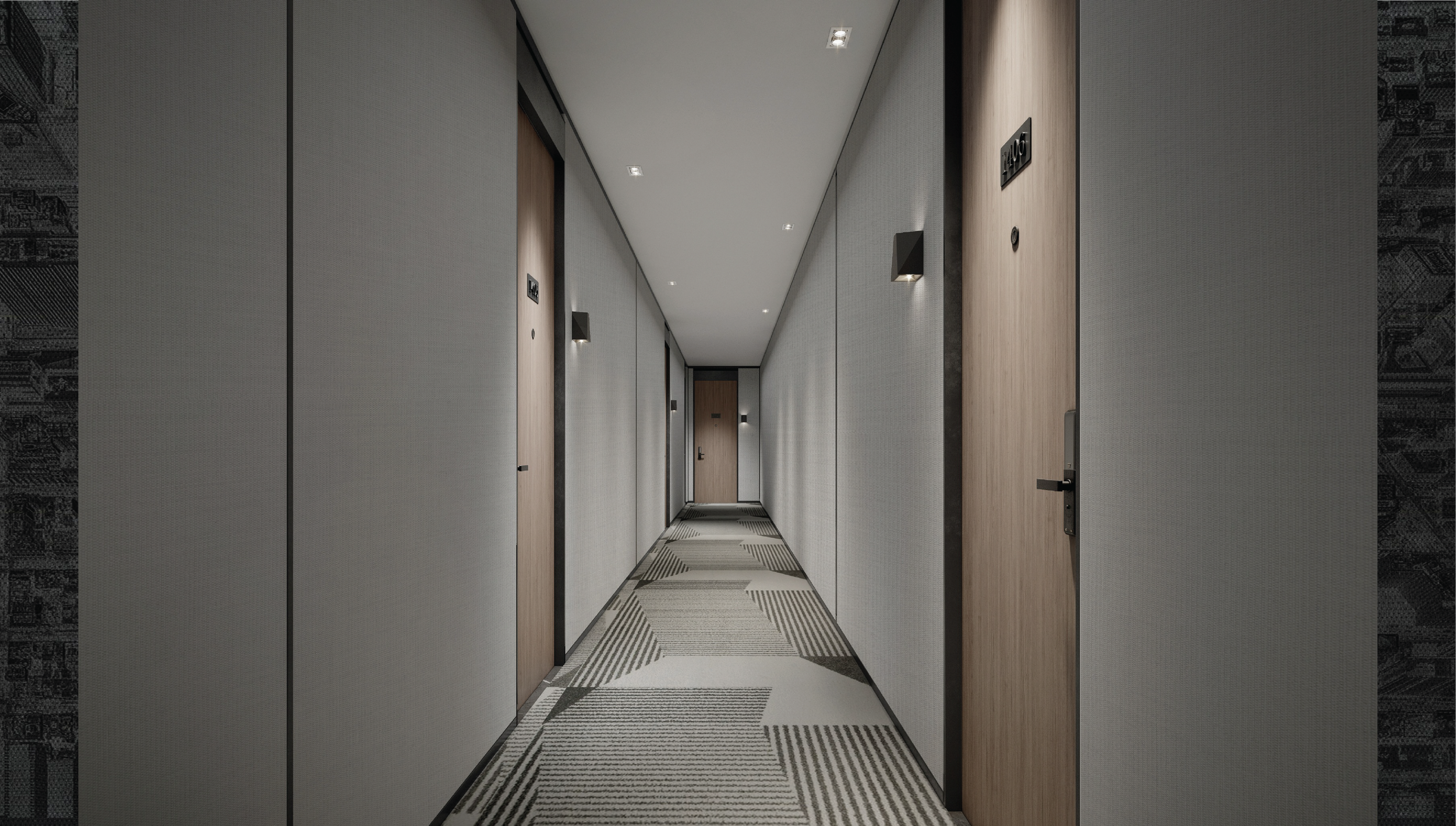 Interior hallway at The Forten Harlem apartments with modern design and lighting – secure Columbia University housing in NYC.What is in this image?