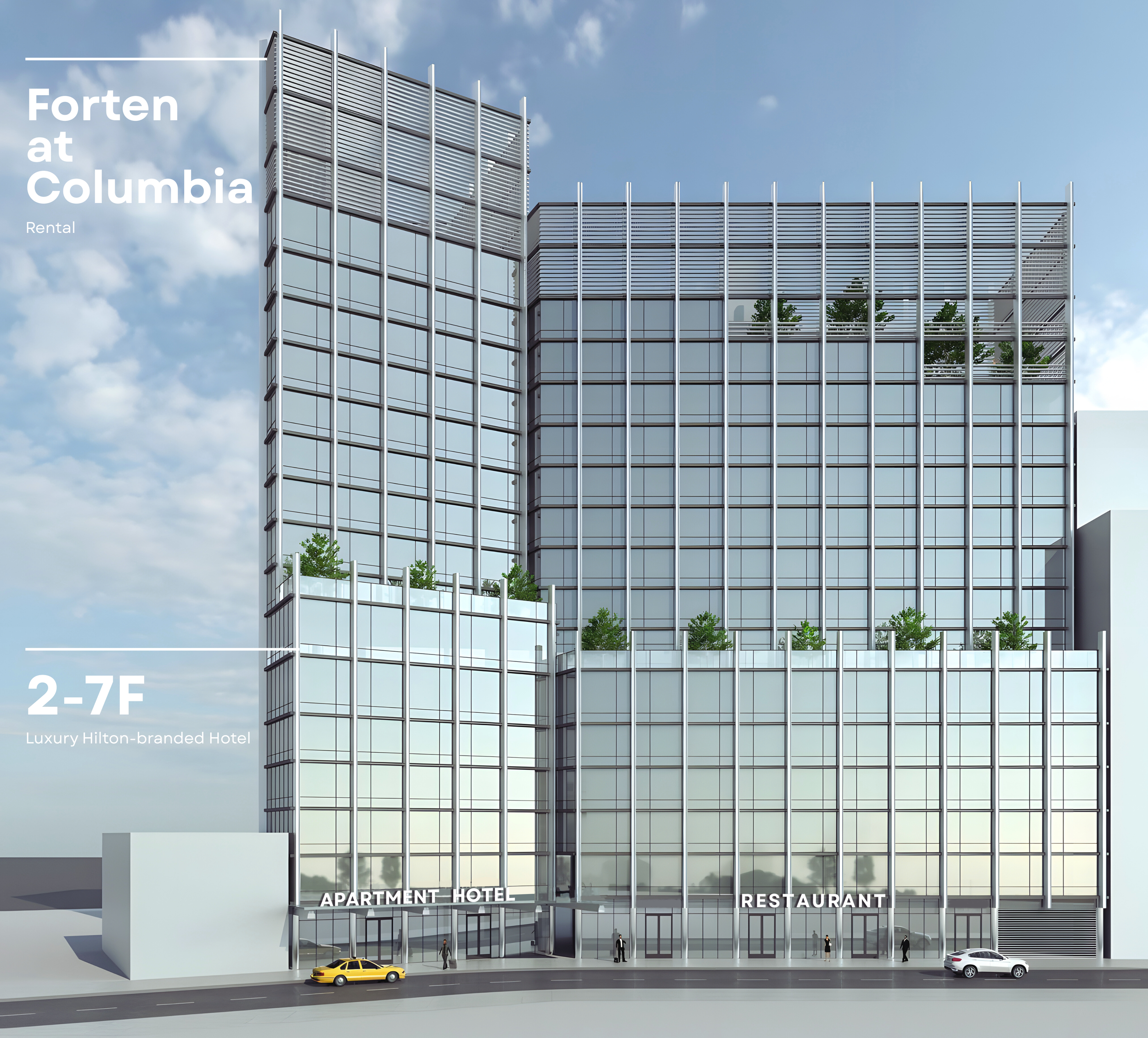 Digital rendering of The Forten Harlem apartments near Columbia University, showcasing glass façade, rental residences, and ground-level retail – modern NYC high-rise living.