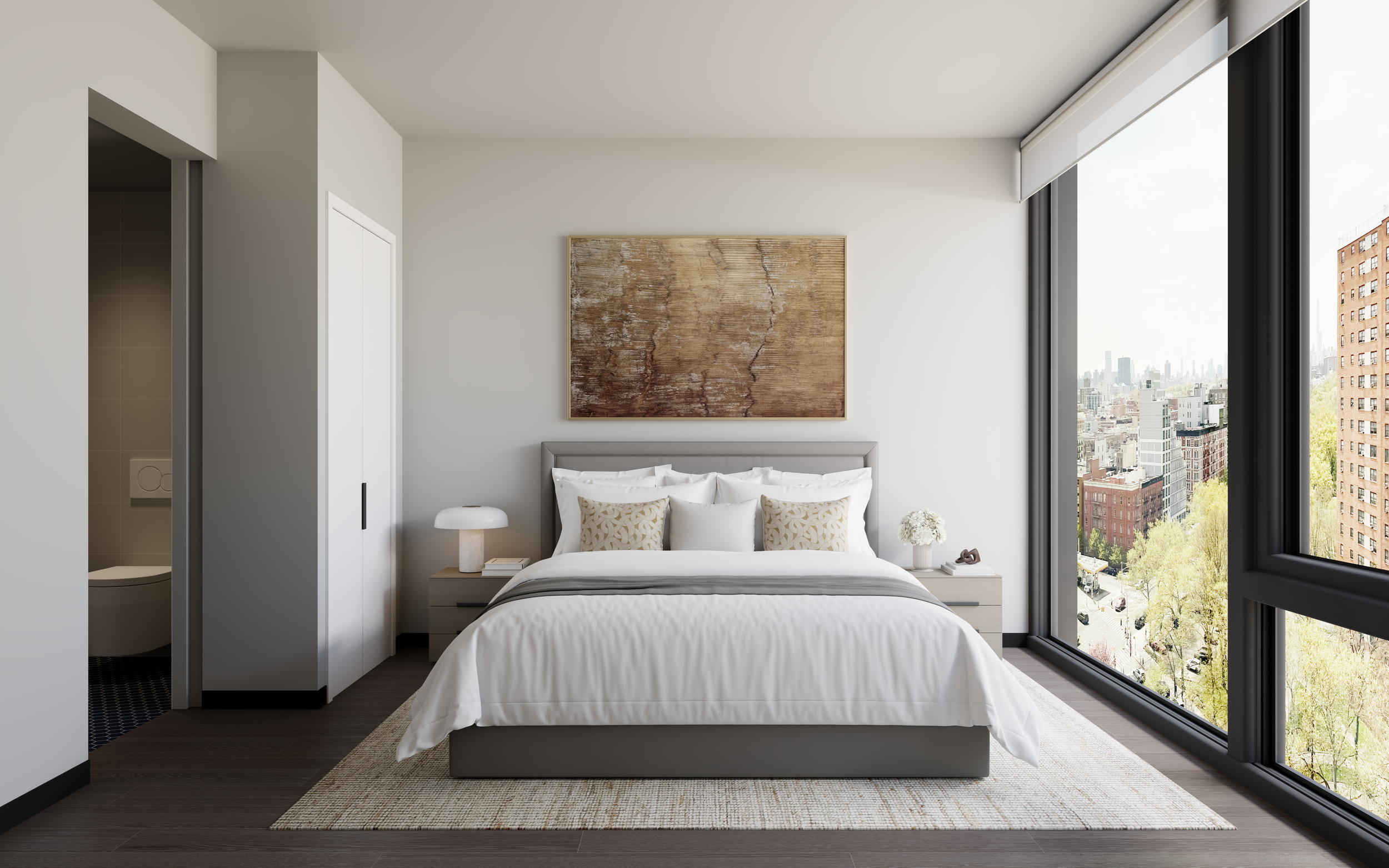 Bright Harlem apartment bedroom at The Forten with king-size bed, skyline views, and ample natural light – perfect for Columbia University housing or NYC rentals.