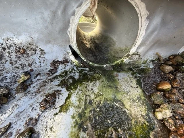 Repérage visuel d'une déchirure sur membrane PVC causant une infiltration d'eau