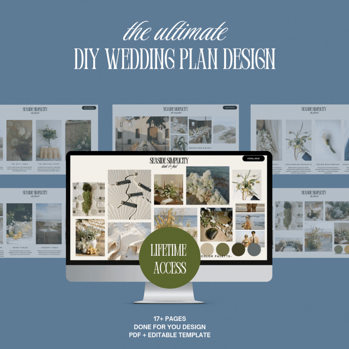Animated preview of Seaside Simplicity DIY wedding plan design template, highlighting beach wedding moodboards, floral inspiration, and venue styling.