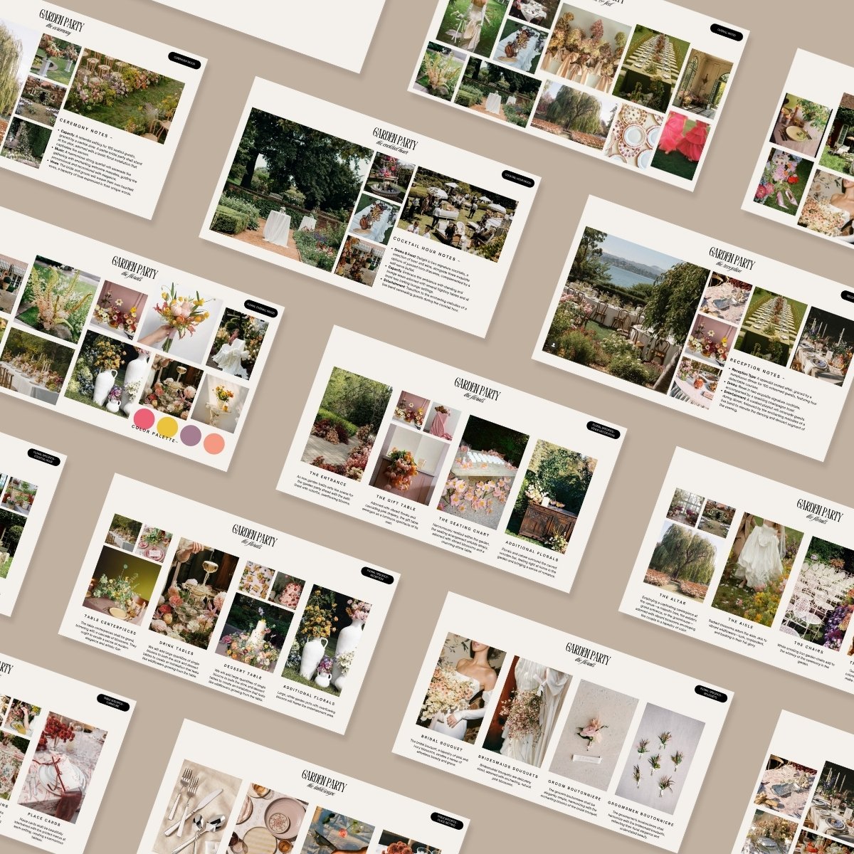 Flatlay preview of the Garden Party wedding design kit including slides for reception setup, ceremony styling, and floral inspiration, ideal for spring weddings