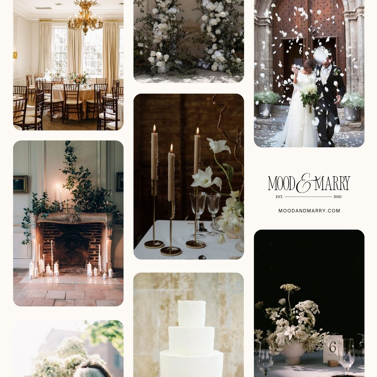 Pinterest-style collage featuring romantic and rustic wedding inspiration for the Chateau Chic design: florals, venues, candles, cake, and bridal moments.
