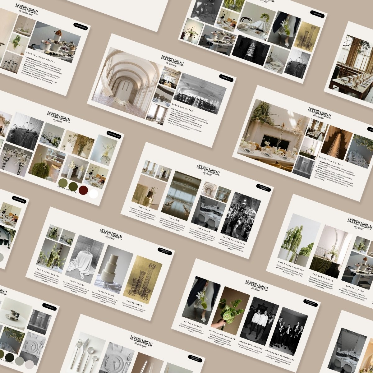 Flat lay preview of Modern Minimal wedding design pages with ceremony layouts, decor inspiration, and vendor briefing sections in a clean aesthetic.