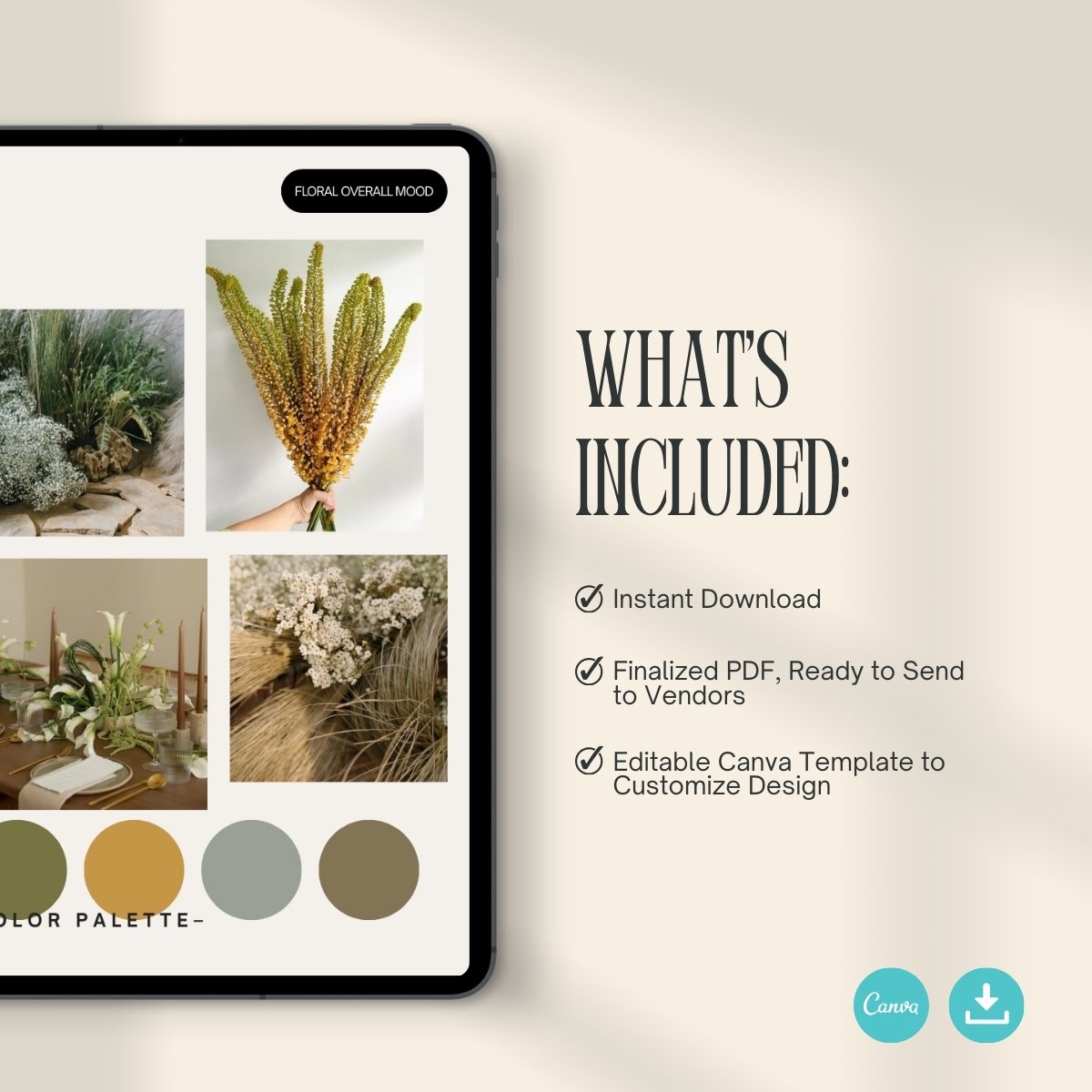 What's included slide in the Seaside Simplicity wedding design pack: instant digital download, vendor-ready PDF, and customizable Canva moodboard template.