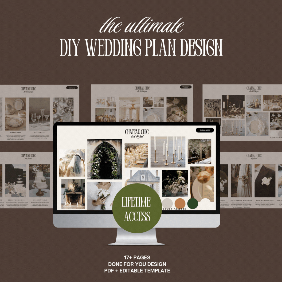 Animated preview of Chateau Chic wedding template showing mood boards and editable Canva slides for DIY planning and vendor briefing.