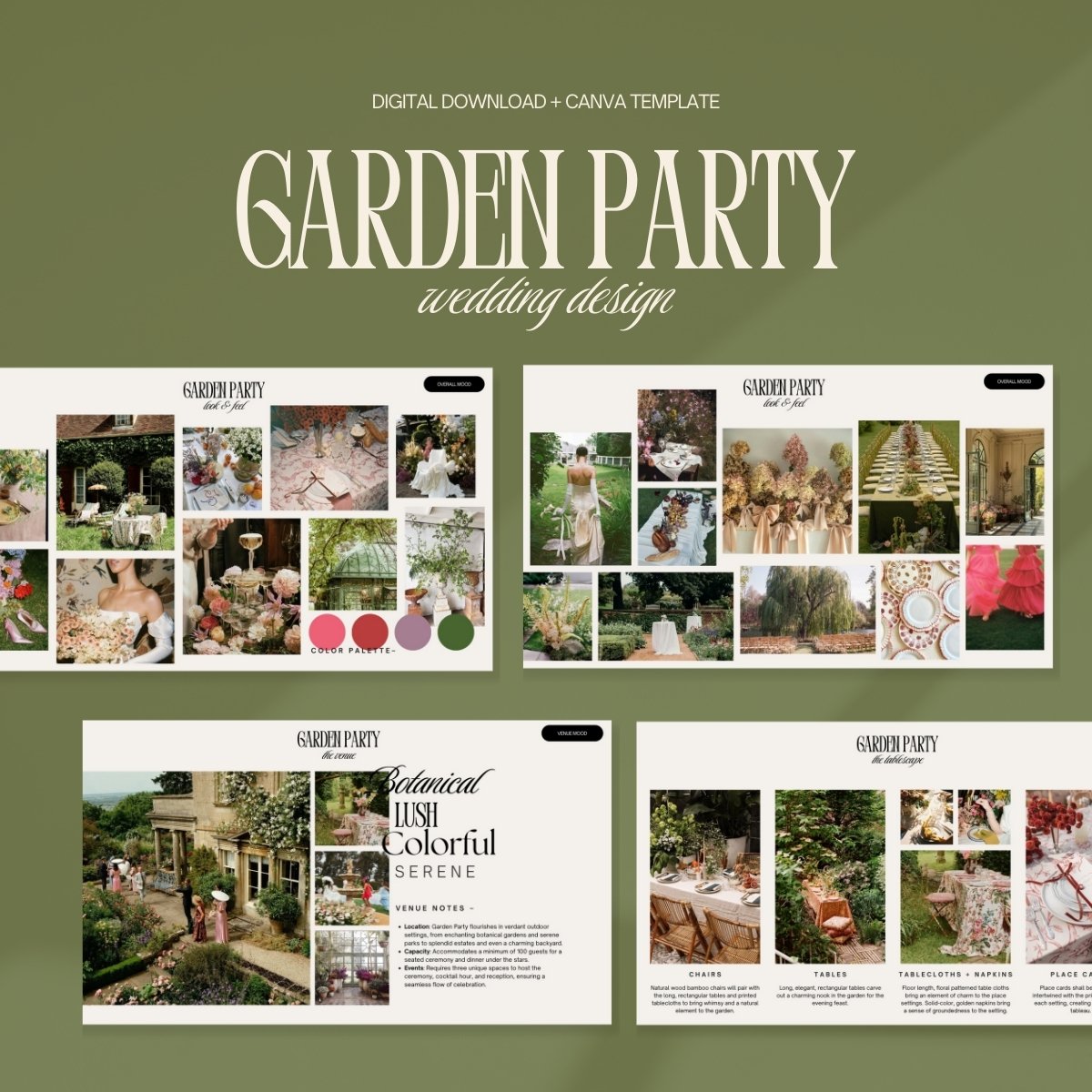 Garden Party wedding moodboard template with digital Canva download showing floral arrangements, table decor, and pastel color palette for outdoor weddings.