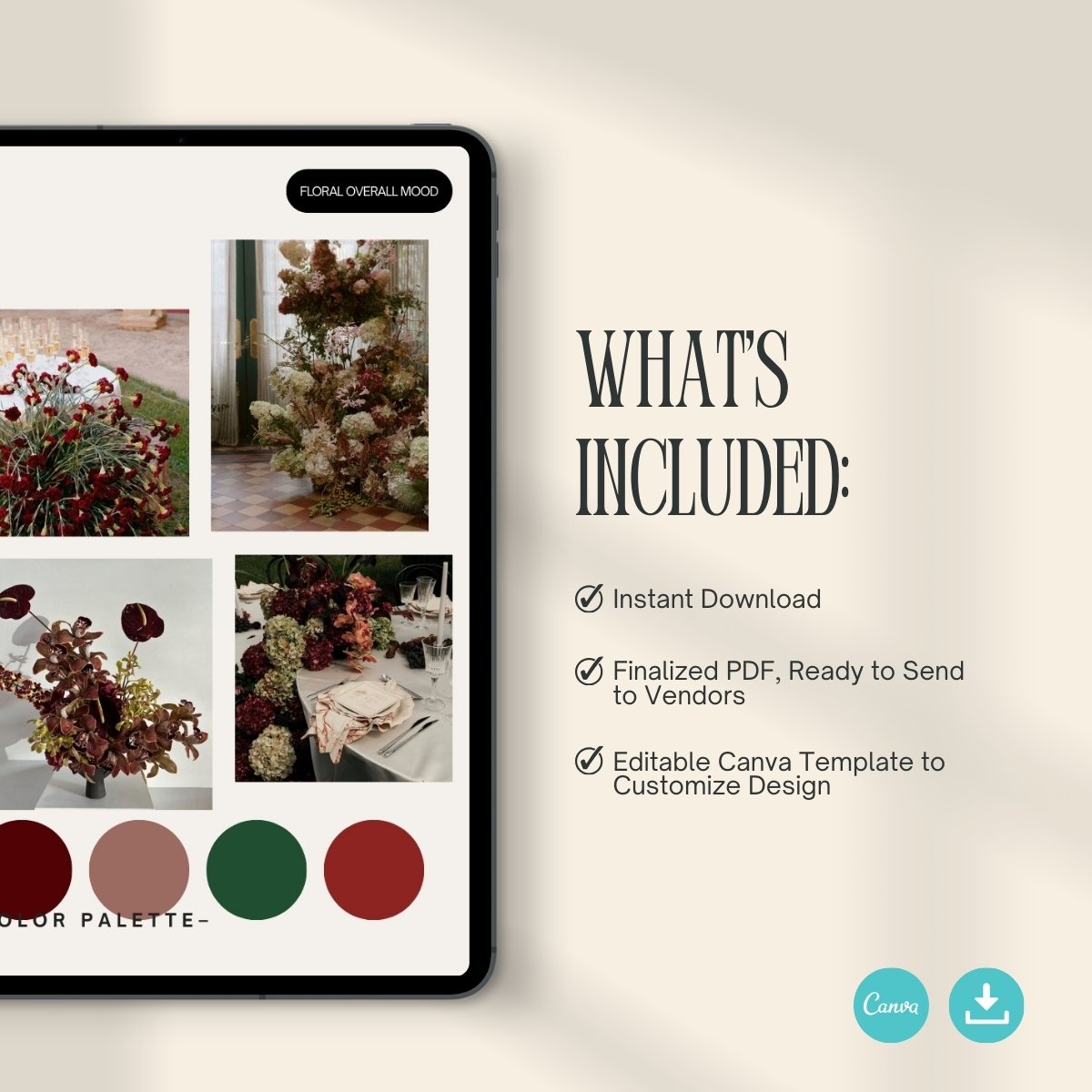 What's included slide in the Dark Romance wedding design pack: instant download, vendor-ready PDF, and editable Canva template for moody wedding aesthetics.