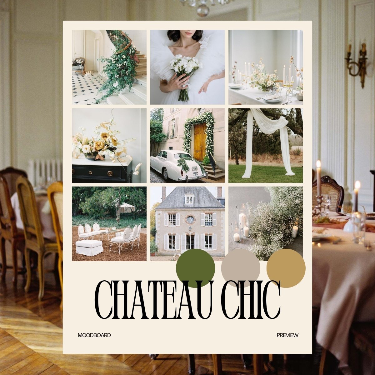 Overview of Chateau Chic wedding design template showing multiple Canva mood board slides with elegant visuals, vendor notes, and color palette.