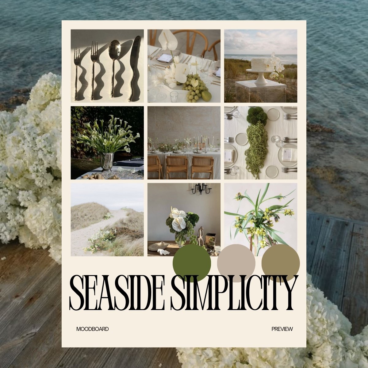 Seaside Simplicity moodboard preview with coastal florals, beach wedding tables, light fabrics, and driftwood-inspired tones for an elegant oceanfront wedding