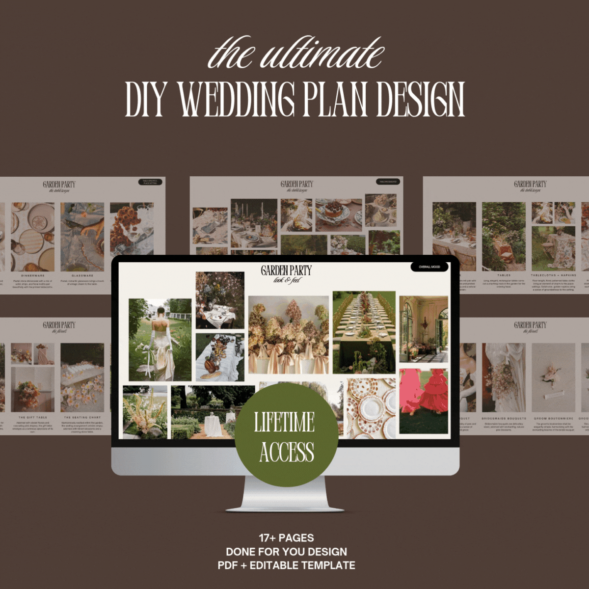 Animated preview of Garden Party wedding planning design template by Mood & Marry, showcasing floral-focused Canva moodboards for garden-style weddings.