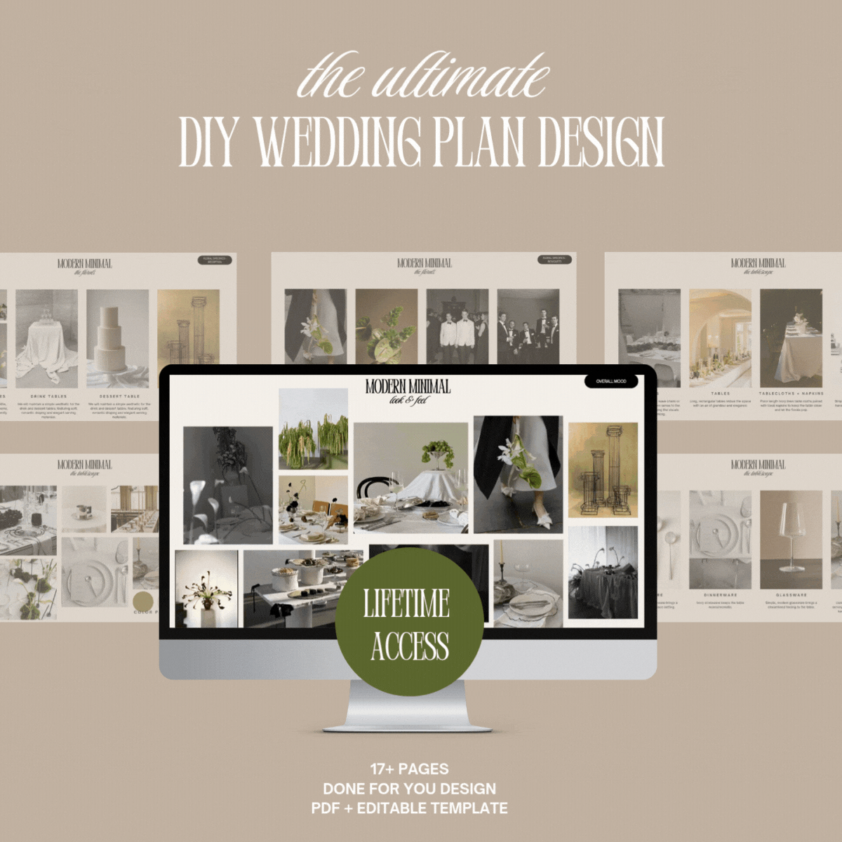 Animated preview of the Modern Minimal wedding design template with rotating slides showing mood boards, floral ideas, and reception designs.