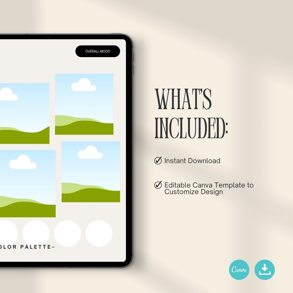 What's included in the DIY wedding design template – instant download, editable Canva template, vendor-ready file, and blank moodboard placeholders.