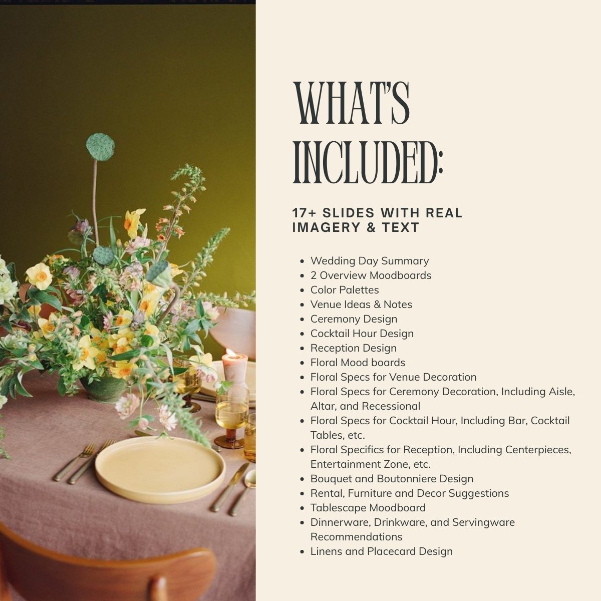 Detailed contents list of Garden Party wedding design template, including over 17 slides with floral design specs, reception ideas, and decor suggestions.
