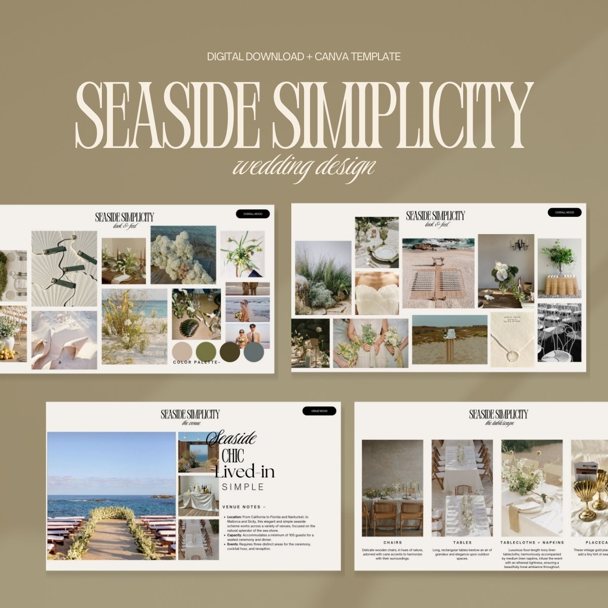 Seaside Simplicity wedding moodboard template featuring coastal-inspired decor, oceanfront venue ideas, and a neutral blue-toned color palette in a Canva download