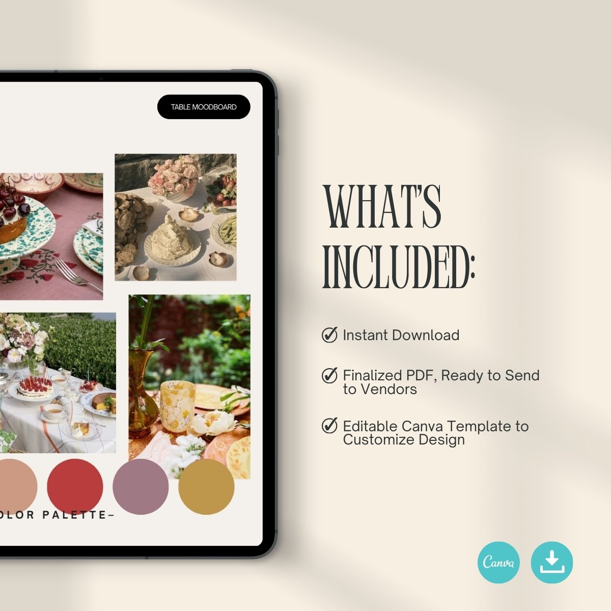 Editable Canva wedding template shown on tablet featuring a romantic vintage tablescape moodboard with dessert imagery and a muted red, gold, and mauve color palette