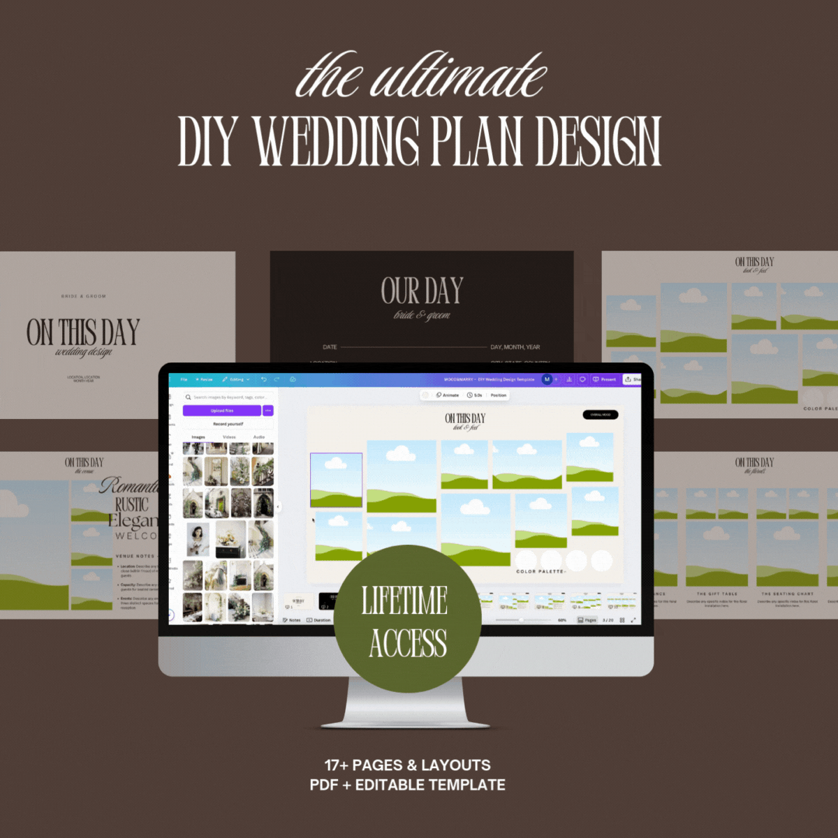 The ultimate DIY wedding plan template – PDF and Canva bundle for planning your custom wedding design, includes 17+ pages and lifetime access.