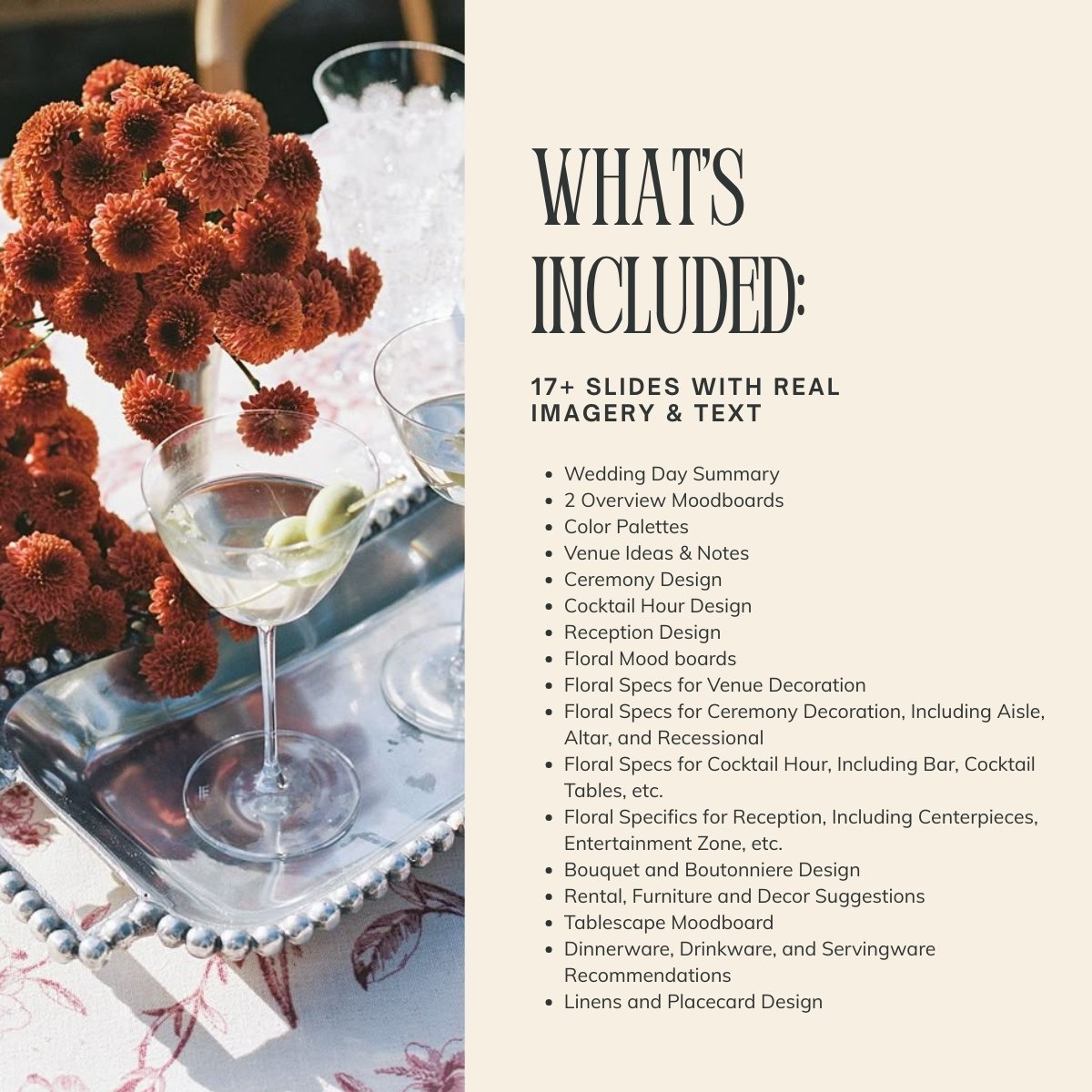 List of features included in custom wedding design PDF and template, shown beside a close-up of martinis and floral centerpiece on a pink tablecloth