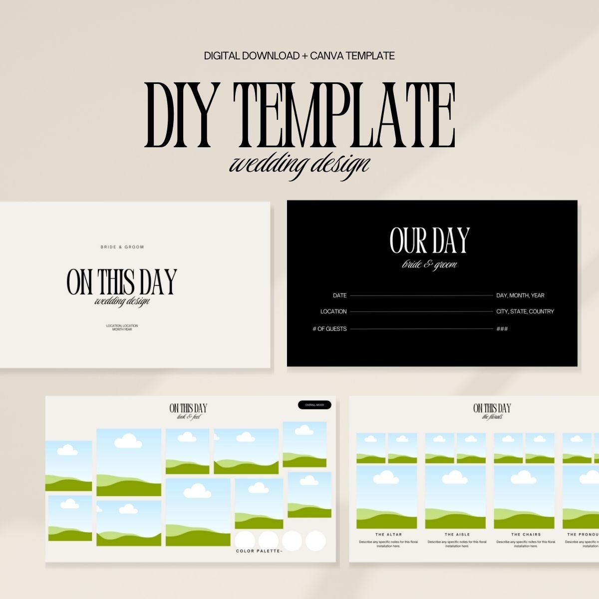 DIY wedding design template – Canva editable moodboard and vendor brief for custom weddings, featuring a minimalist black and ivory layout and editable placeholders.