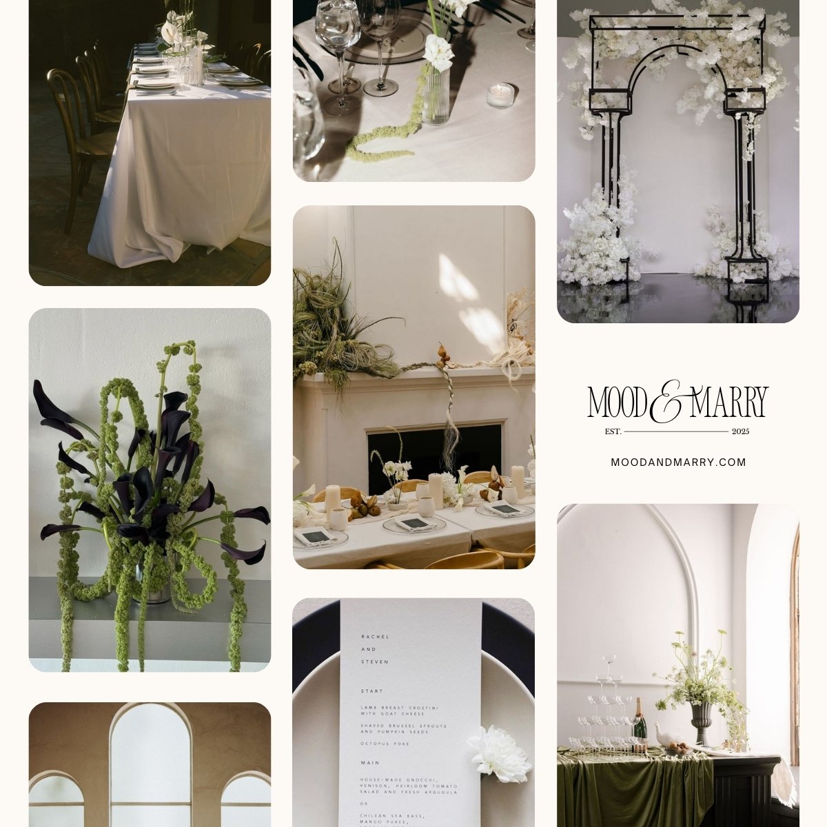 Modern wedding inspiration collage featuring table settings, sculptural florals, arched venues, and minimalist stationery for a chic celebration.