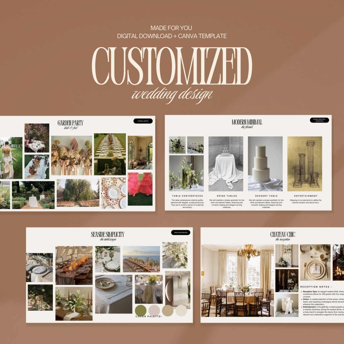 Customized wedding design template with four example layouts: Garden Party, Modern Minimal, Seaside Simplicity, and Chateau Chic, displayed on neutral brown background