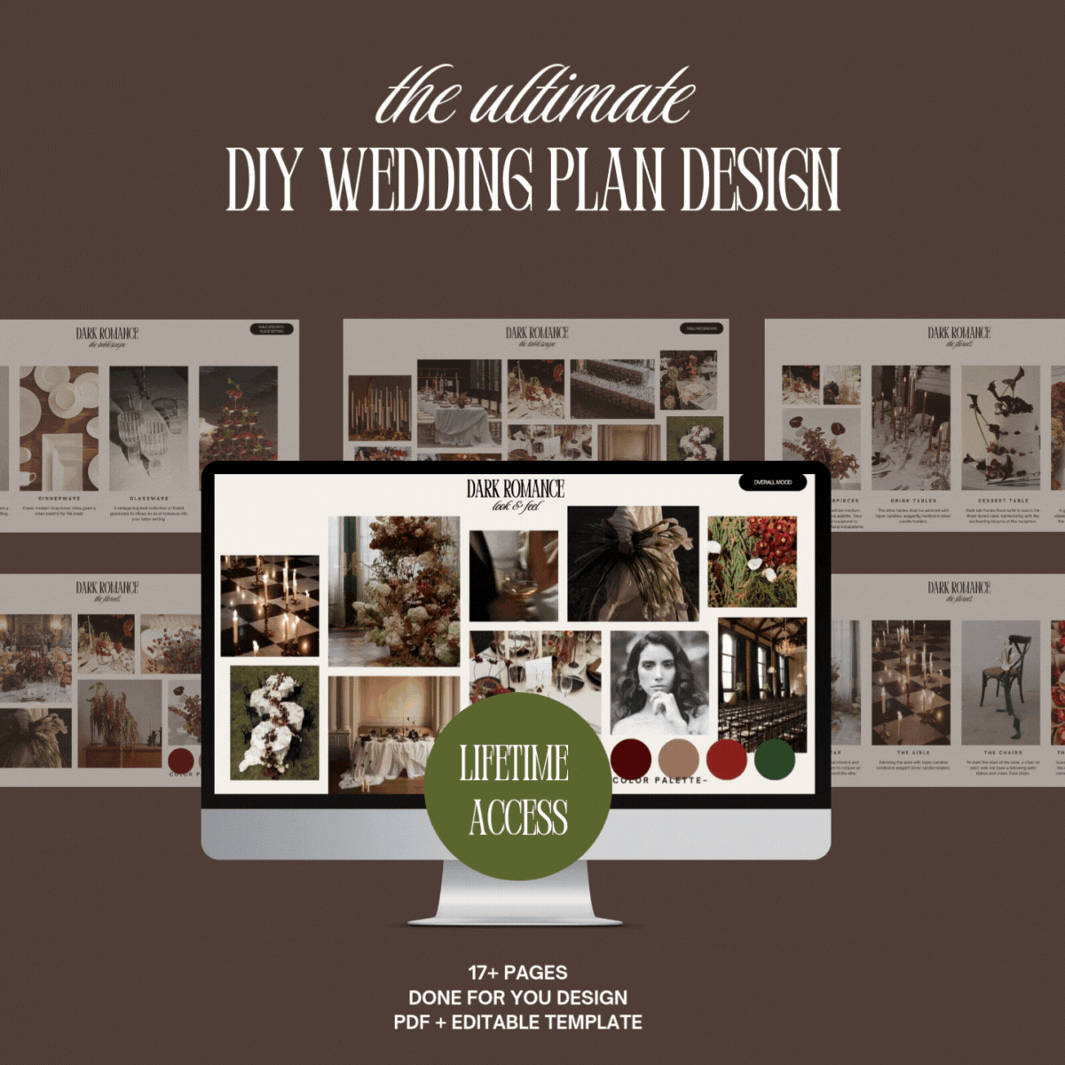Animated preview of Dark Romance DIY wedding plan template with slides showcasing gothic floral arrangements, moody tablescapes, and candlelit ceremony designs.