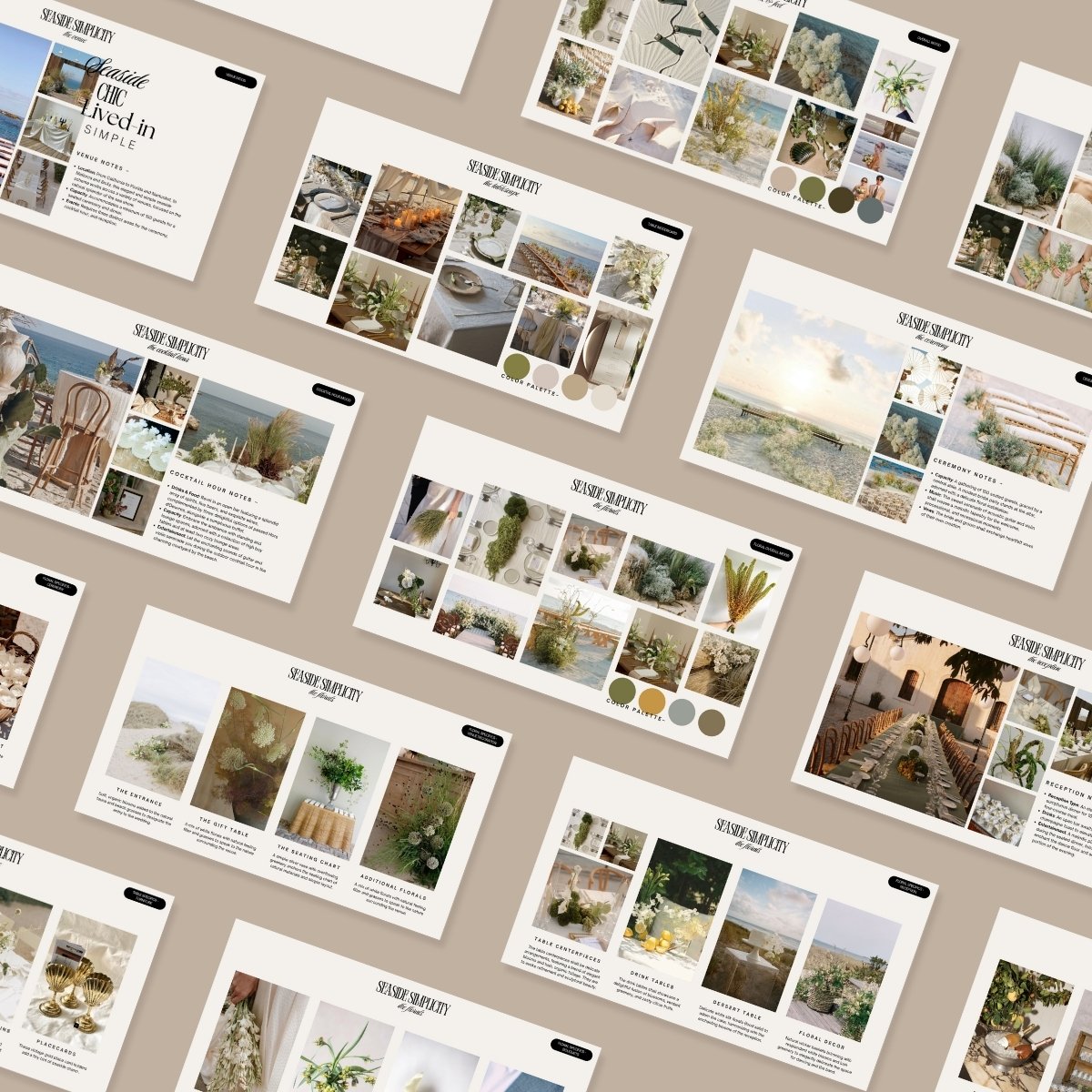 Flatlay overview of Seaside Simplicity wedding design kit, showcasing PDF slides for beach ceremony styling, reception design, and tablescape inspiration.