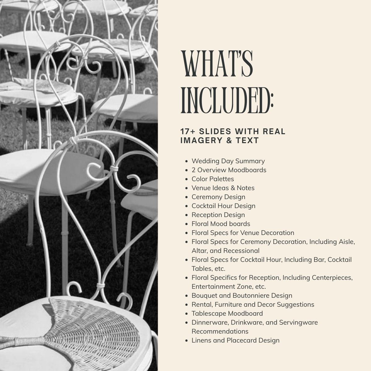 Detailed Seaside Simplicity wedding template overview with 17+ slides including venue and ceremony design, floral direction, and rental suggestions.