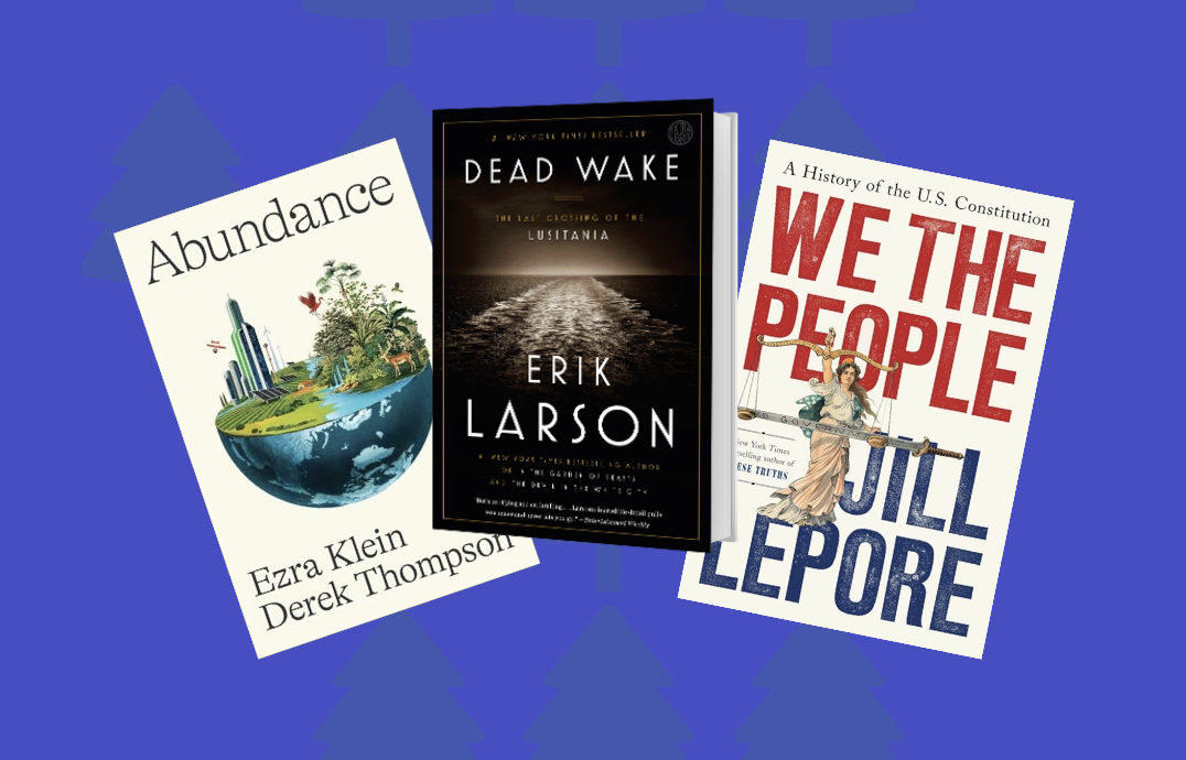 An image showing three books: Abundance, Dead Wake, and We The People