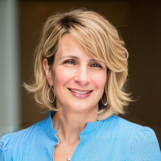 A woman with blonde hair smiling and wearing a blue top.