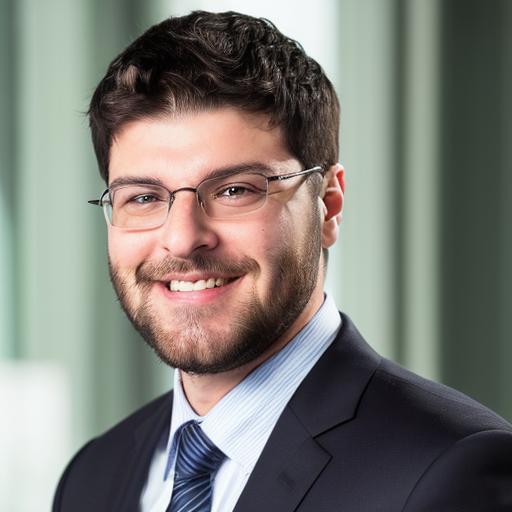 A smiling man with glasses, wearing a suit and tie, in an office setting.