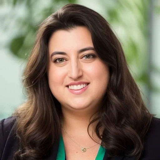 A woman with long, wavy dark brown hair smiling with a blurred green background.