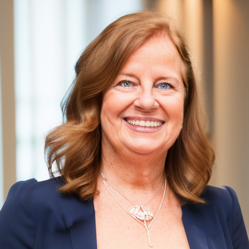 A smiling middle-aged woman with wavy, shoulder-length brown hair, wearing a navy blazer and a layered necklace, standing indoors with a blurred background of windows and curtains.