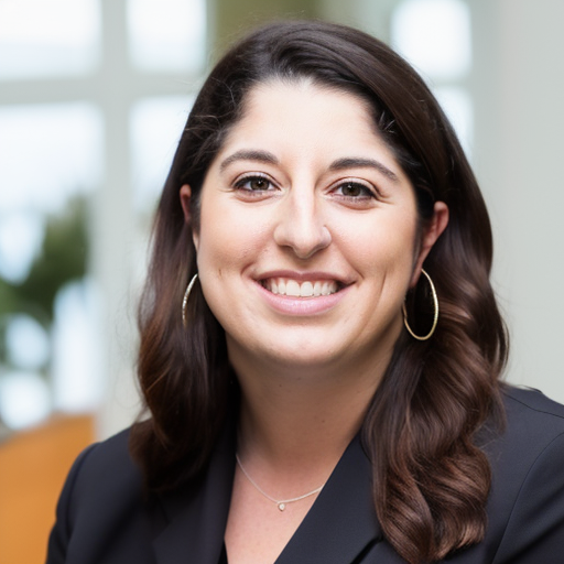 A woman with long, dark brown hair, wearing hoop earrings and a black blazer, smiling in an indoor setting with large windows in the background.
