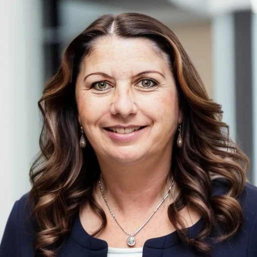 A woman with long, wavy brown hair wearing a navy blazer, pearl earrings, a necklace with a pendant, and a white top, smiling at the camera in a professional setting.