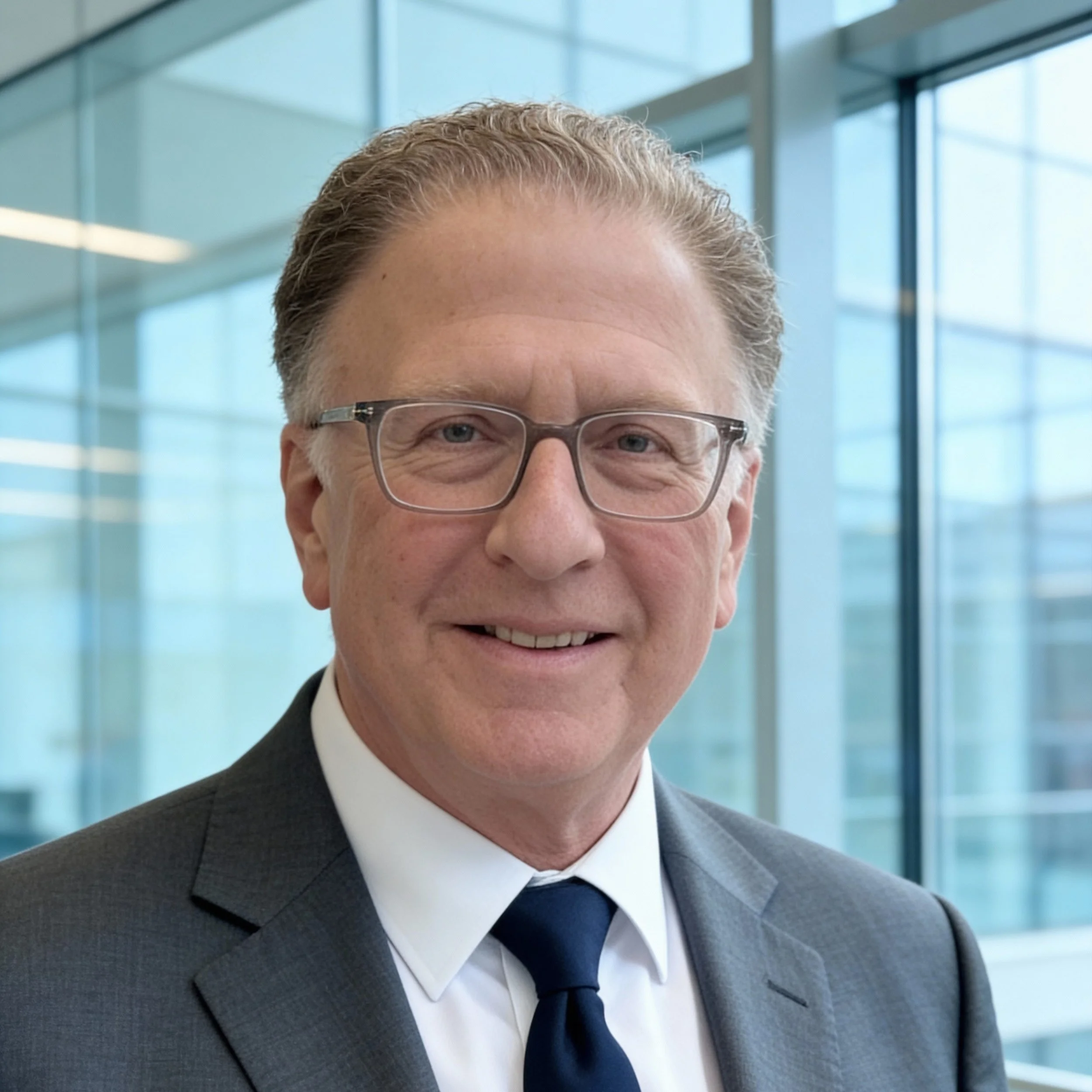 A middle-aged man in a suit with glasses, smiling, in an office environment.