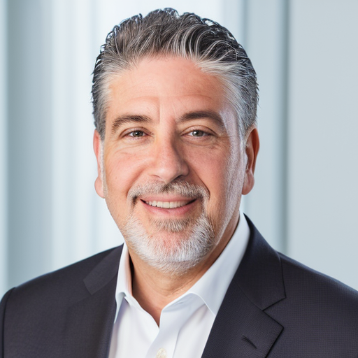 Portrait of a middle-aged man with gray hair, beard, wearing a suit and white shirt, smiling against a professional indoor background.