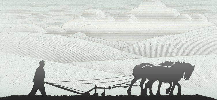A silhouette of a farmer plowing a field with a team of two horses, against a backdrop of rolling hills and clouds.