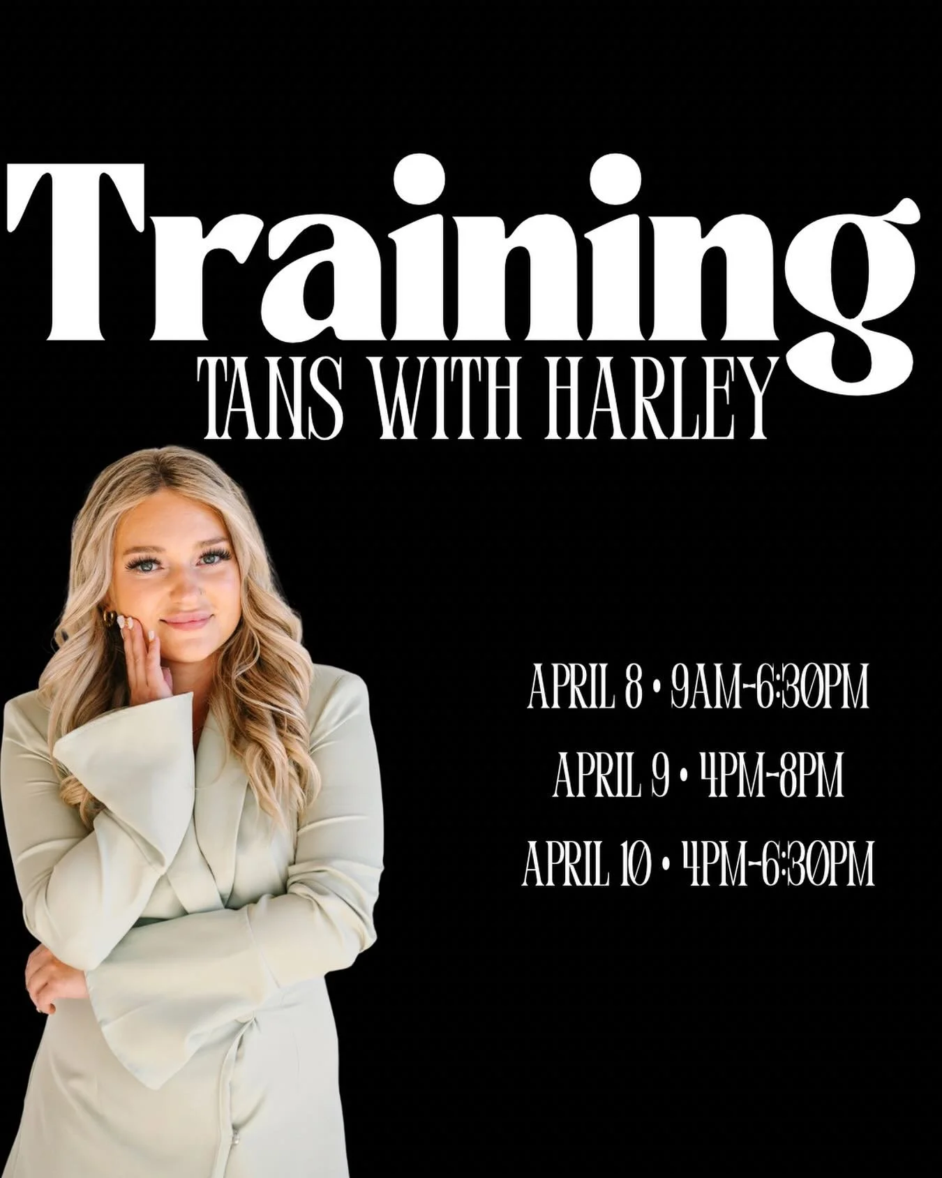 $40 Training Tans with Harley! Very limited availability left for the following days - April 8th, 9th &amp; 10th. 

To book call/text 210-952-2324 or visit our website. 
www.bronzedbyhaley.com 

#cstat #bryantx #aggieland #spraytan #tanning
