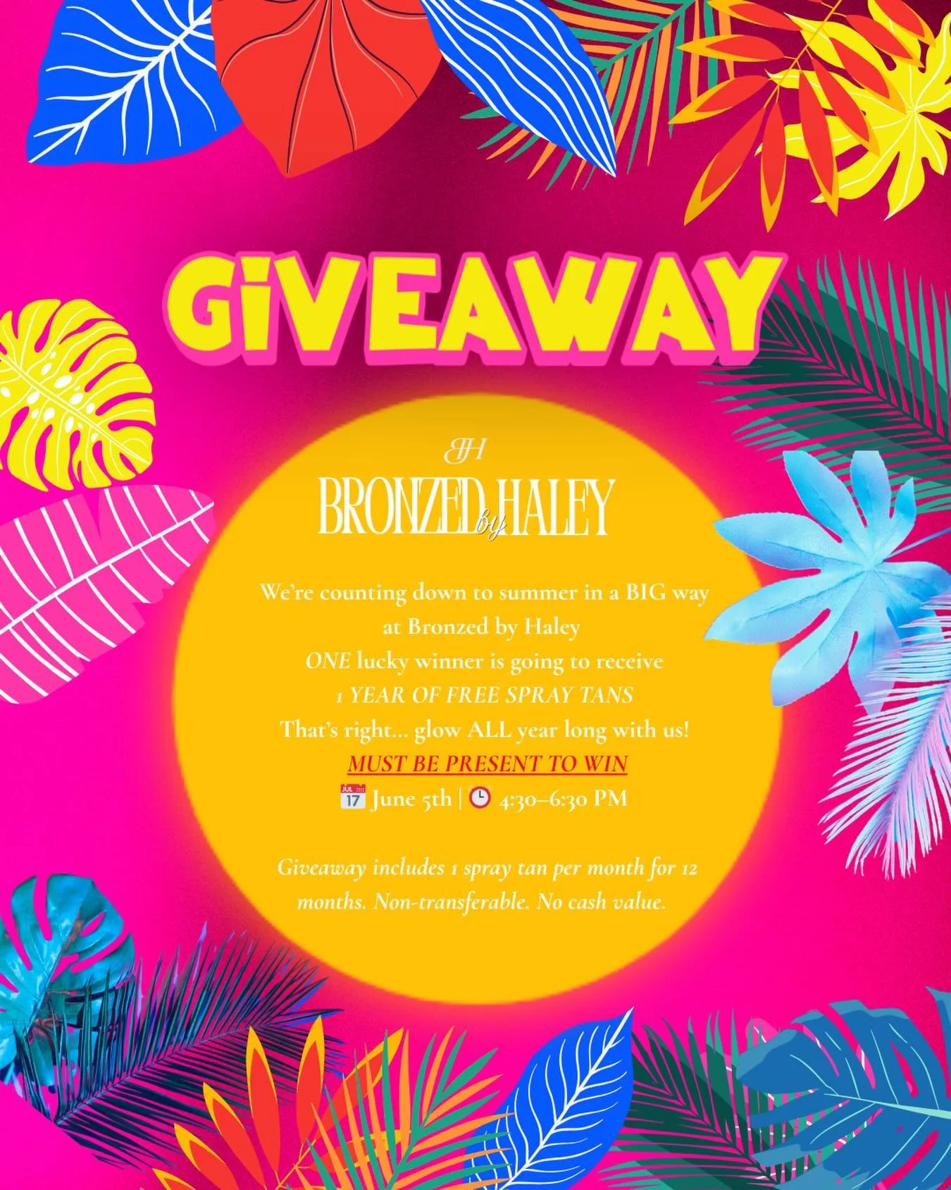We&rsquo;re counting down to summer in a BIG way at Bronzed by Haley 

ONE lucky winner is going to receive
1 YEAR OF FREE SPRAY TANS 
That&rsquo;s right&hellip; glow ALL year long with us!

MUST BE PRESENT TO WIN
📅 June 5th | ⏰ 4:30&ndash;6:30 PM

