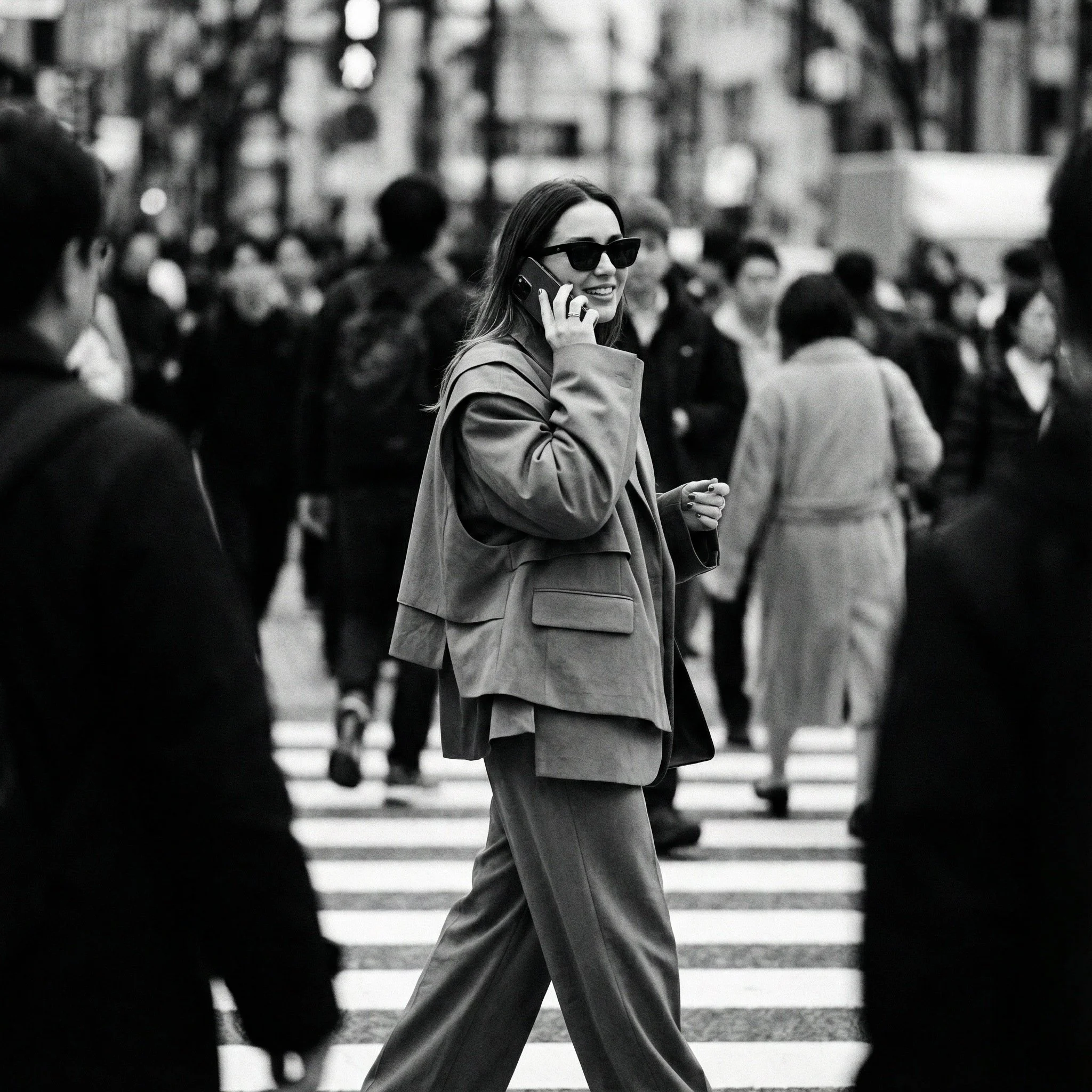 Fashionably dressed woman walking through a busy city street, representing organic social presence and real-world connection.
