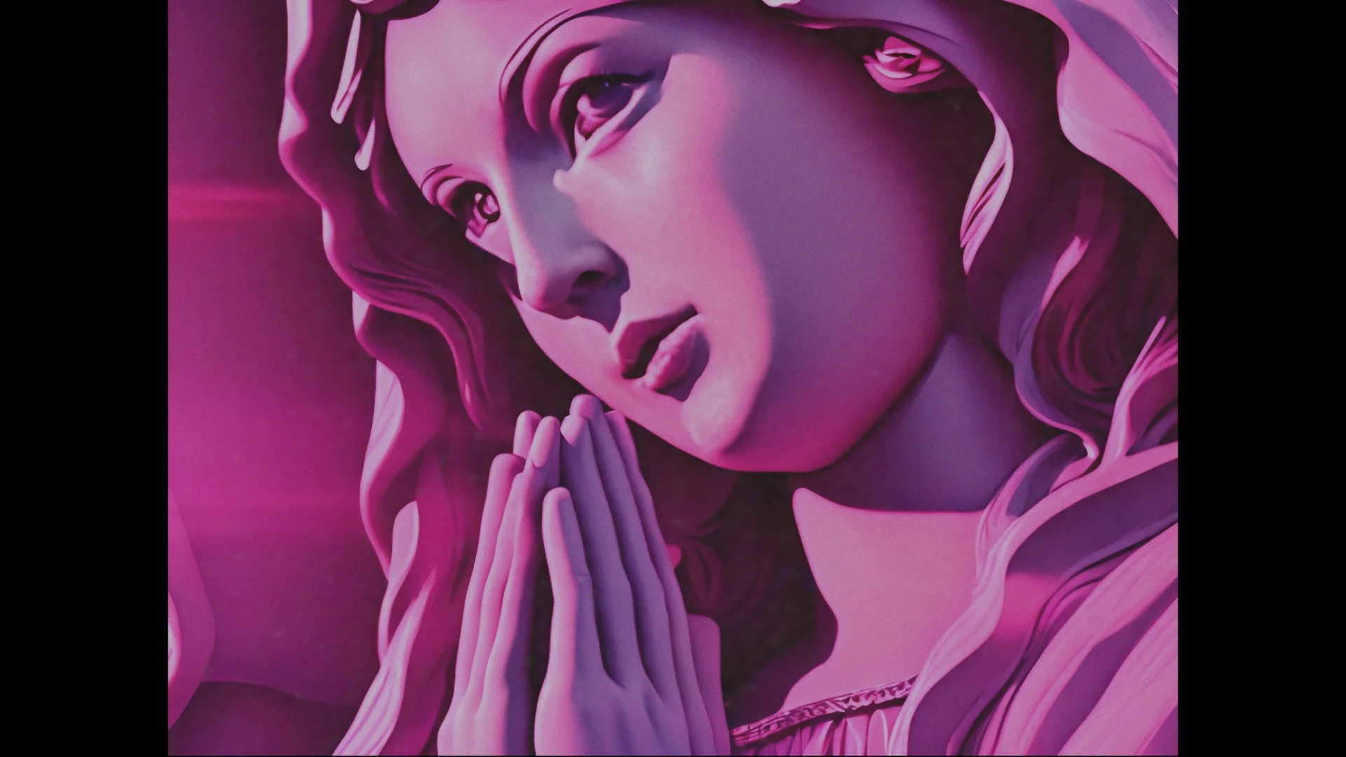 A close-up of a religious statue of the Virgin Mary, depicted with hands clasped in prayer, with a pink and purple illuminated background.