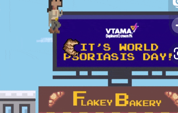 Pixel art billboard celebrating Poriás Day, featuring VTAMA logo and a bakery sign.